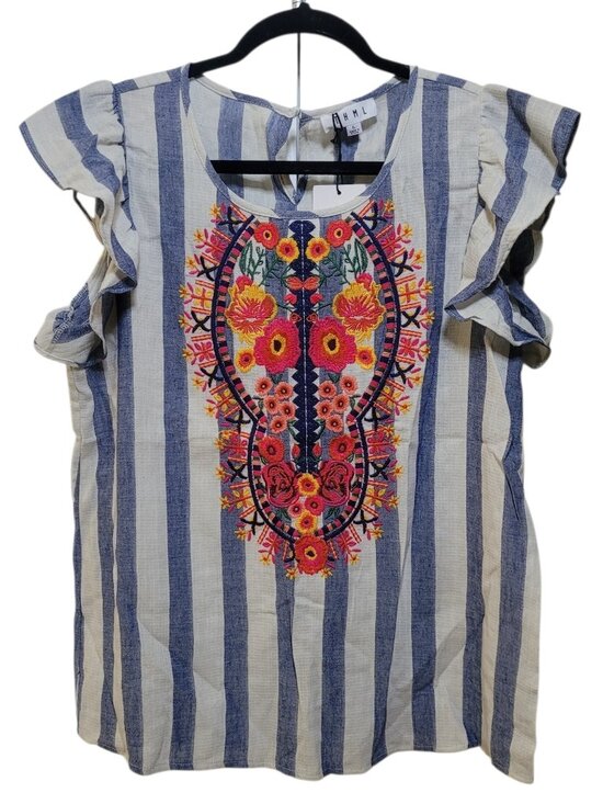 THML Tops - THML Floral Embroidered Ruffle Sleeve Boho Top Blue Striped Large NEW Coastal
